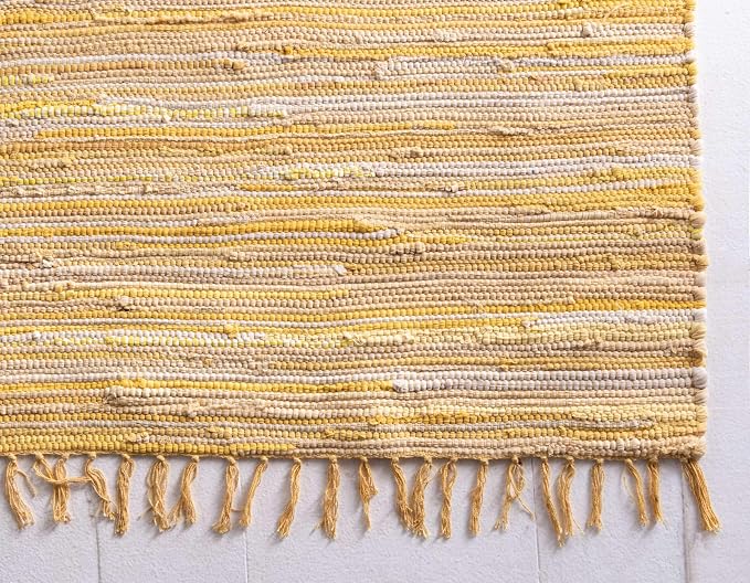 Unique Loom Chindi Cotton Collection Soft Hand Woven Natural Fiber Striped Area Rug, 9 ft x 12 ft, Yellow/Ivory