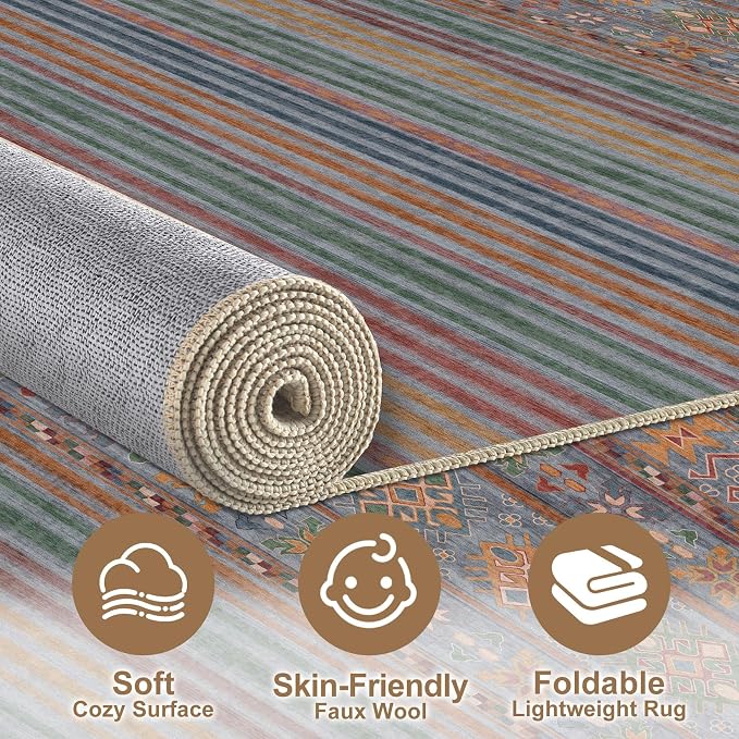 Nakagishi 5X7 Area Rugs Living Room: Washable Large Vintage Rug Neutral Non-Slip Soft Stain Resistant Indoor Carpet for Bedroom Nursery Dining Room Office Playroom - Multi Color