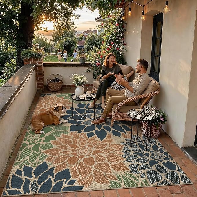 PureCozy 5x7 Easy Jute Outdoor Rug Navy/Organge Floral Textured Indoor Outdoor Area Rug Farmhouse Patio Carpet for Backyard, Patio, Porch, Easy-Cleaning, High Traffic, Pet-Friendly, Non-Shedding