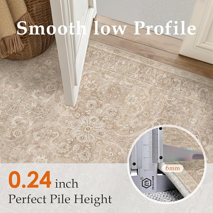 PureCozy Brown 3x5 Area Rug Entryway Washable Vintage Carpet Office Small Indoor Non Slip Soft Low Pile Thin Stain Resistant Distressed Accent Throw Rug for Entrance Bedroom Dining Living Room