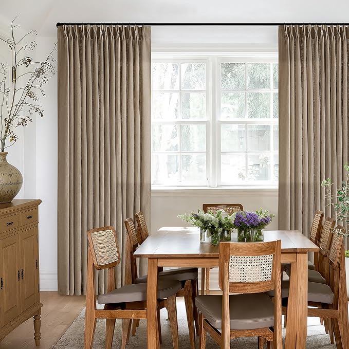 TWODRAPES Light Brown Linen Curtains Pinch Pleated Living Room Bedroom Dining Boho Light Filtering Pinch Pleat Drapes Hooks Rings Back Tab Semi Sheer Tan Latte Coffee Color Window Curtains 2 Panels