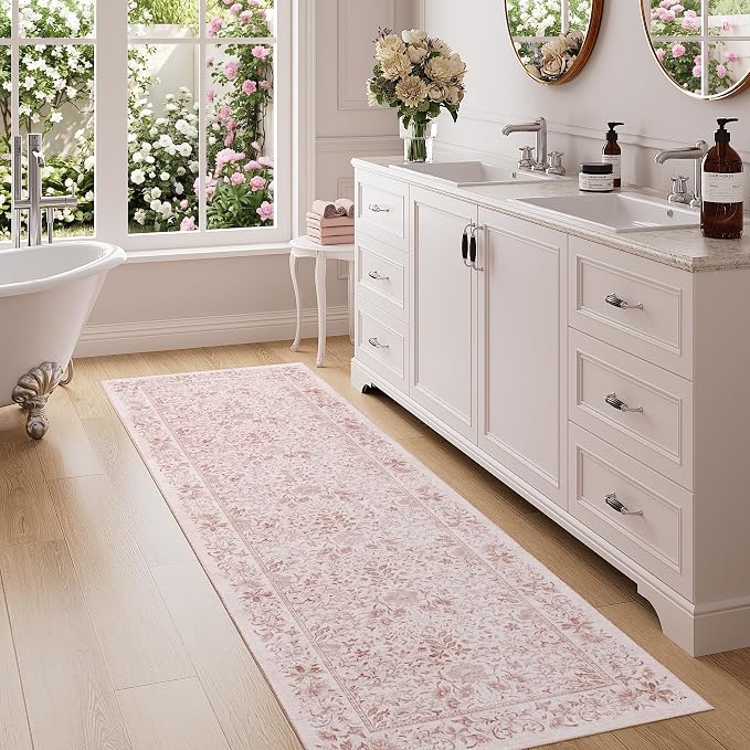 DUKINO 2x6 Runner Rug, Washable Vintage Floral Kitchen Rug, Pink | Non Slip, Low Pile, Stain Resistant Boho Soft Throw Carpet Runner for Hallway Bathroom Laundry Bedroom Entryway, Non-Shedding