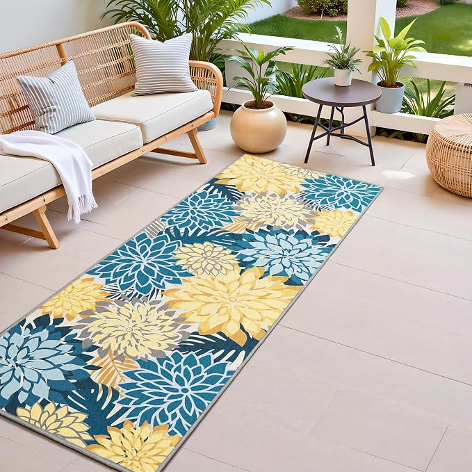 Colorful 2x6 Washable Runner Rug for Hallway Tropical Botanical Modern Floral Chenille Kitchen Rugs Low Pile Non Slip Carpet for Patio, Bedroom, Laundry, Ocean Dahlia