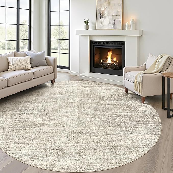 7ft Round Rug Living Room: 7x7 Washable Large Neutral Brown Circle Area Rug Abstract Soft Modern Stain Resistant Indoor Floor Non-Slip Carpet for Bedroom Nursery Kids Office Playroom Dining Room