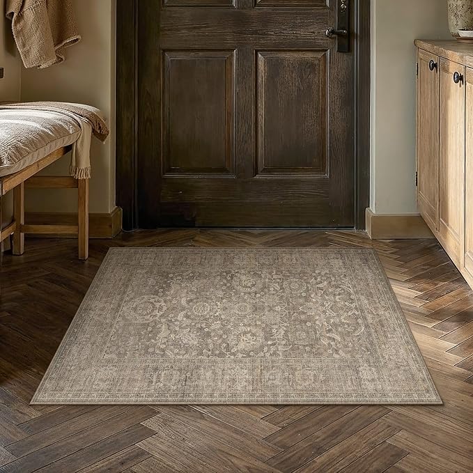 HUGEAR Entryway Rugs 2x3 Light Brown Washable Rug Door Mat Neutral Vintage Rug Carpet Distressed Soft Durable Non Slip No Shedding for Indoor Bedroom Kitchen Dining Nursery Laundry