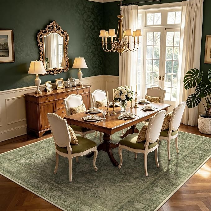 Living Room Rugs 8x10, Vintage Carpet for Bedroom, Sage Green | Medallion Rug for Dining Room Washable Low Pile Rug with Non-Slip Silicone Backing, Non-Shedding Stain Resistant