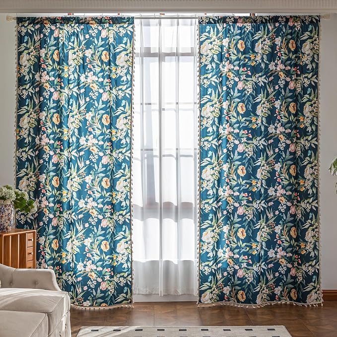 Boho Floral Curtains French Country Farmhouse Curtains 63 Inches Long Light Filtering Window Rod Pocket Drapes for Living Room 2 Panels-Navy Blue Floral