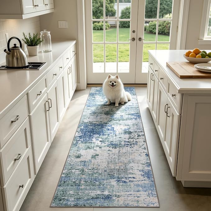 Sasttie 2x10 Soft Runner Rug for Entryway, Modern Abstract Washable Carpet for Hallway, Kitchen and Laundry Room, with Non-Slip Backing, Blue and Green