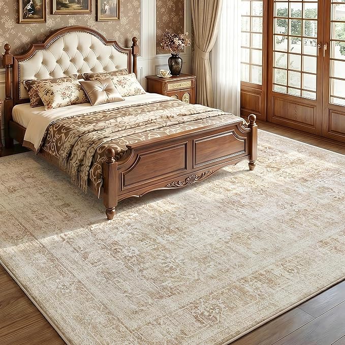 Beauoop 8x10 Washable Beige Neutral Vintage Large Area Rug for Living Room | Distressed Oriental Retro Traditional Non Slip Low Pile Thin Soft Indoor Rug Cream Pattern Bedroom Dining Room Office Nursery