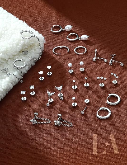 LOLIAS Hypoallergenic Flat Back Earrings Set for Women-Surgical Stainless Steel Earrings for Sensitive Ears-14K Gold Plated Chain Cartilage Earring Stacks Flatback Stud Hoop Earring Sets for Multiple Piercing Jewelry