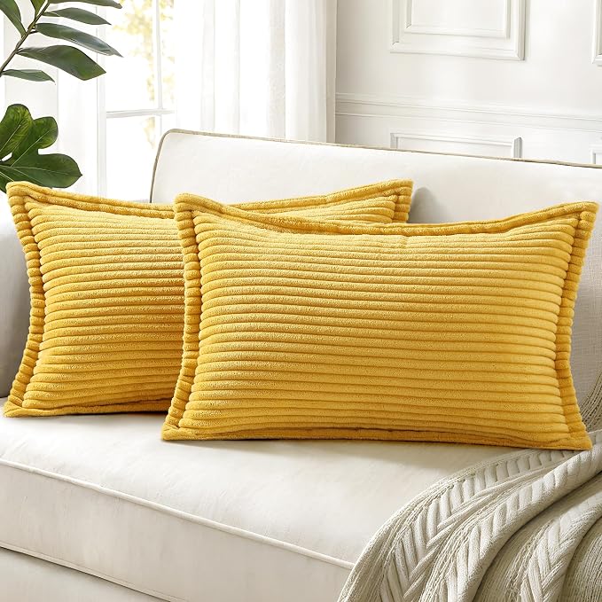 decorUhome Fall Corduroy Mustard Yellow Throw Pillow Covers 12x20 Set of 2 | Lumbar Couch Decorative Soft Modern Boho Farmhouse Pillow Covers Broadside Striped Pillow Cases for Living Room Bed Sofa