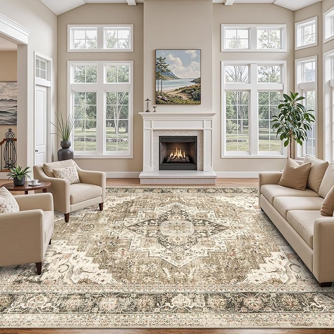 Roxstand 9x12 Washable Area Rug, Vintage Non Slip Rugs, Brown/Beige | Soft Low Pile Design, Stain Resistant,Pet & Kid Friendly,Carpet for Living Room, Bedroom, Dining Room and Office Decor