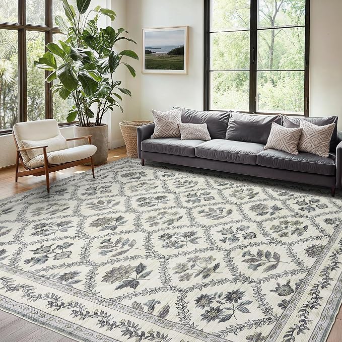 Large Blue and Green Area Rug 9x12 for Living Room Large Dark Blue on Cream Modern Boho Rugs for Guest Bedroom Soft Vintage Farmhouse Floral Carpet for Dining Room Home Decor