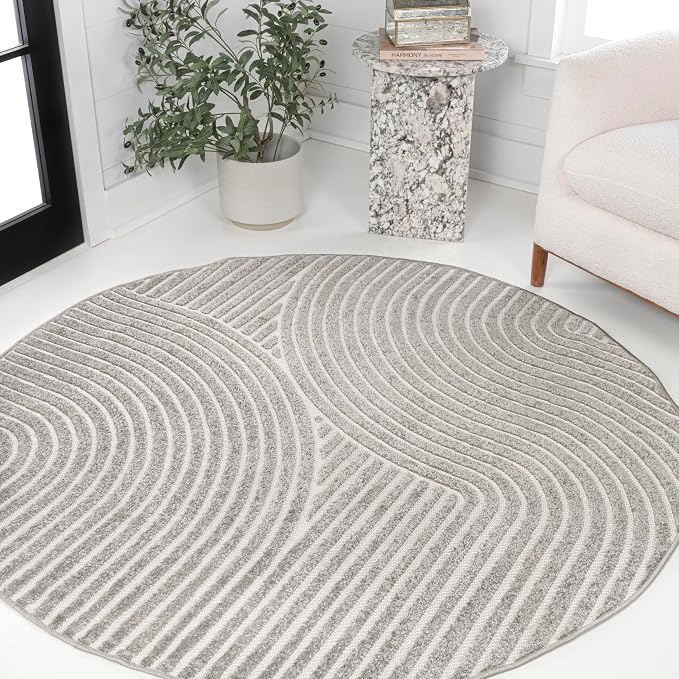JONATHAN Y Hallie High-Low Curve Gray/Ivory 6' Round Indoor/Outdoor Area Rug, Minimalist, Pet Friendly, Non-Shedding, Stain Resistant, Hose-Washable for Backyard, Patio, Porch (SCN100A-6R)