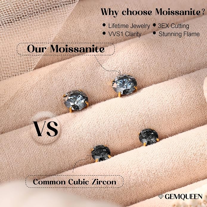 GEMQUEEN Moissanite Earrings G23 Titanium Extended Internal Thread Flat Back Earrings Hypoallergenic Tragus Cartilage Helix Conch Piercing Jewelry for Women Men 18G 6/8mm Post Gray/D Color 0.2-3CT