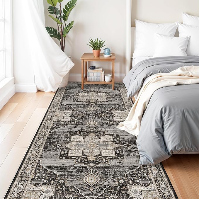 RUUGME Oriental Hallway 4x10 Rug - Washable Runner Rug Soft Stain Resistant Carpet for Kitchen entryway Vintage Lightweight Ultra-Thin Rugs with Non Slip Backing for RV Owners&Van Lifers 4X10 Black