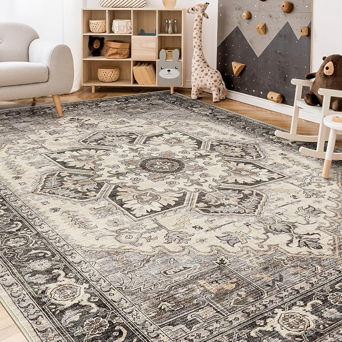 Area Rug for Living Room - 9x12 Soft Machine Washable Oriental Vintage Floral Distressed Large Indoor Floor Carpet for Bedroom Under Dining Table Home Office Decor - Grey Brown