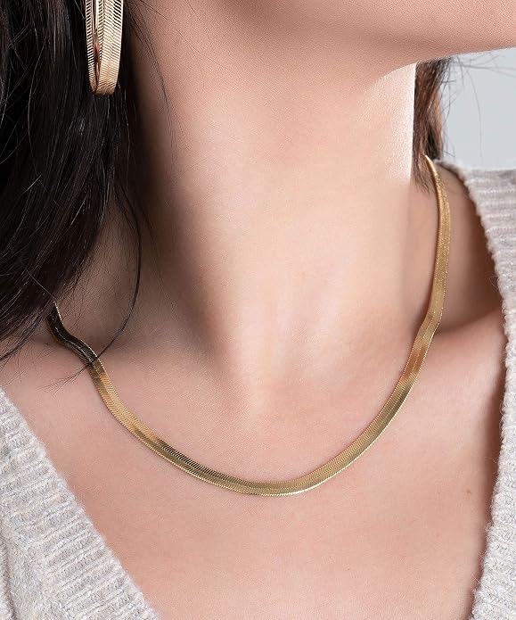 Barzel 18K Gold Plated Herringbone Chain Necklace 4MM Wide