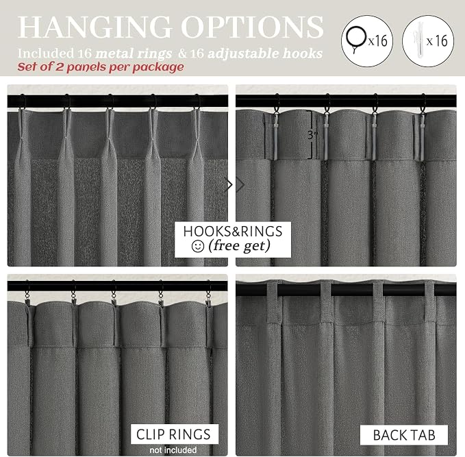 Dark Gray Sheer 90 Inches Long Bedroom Curtains 2 Panels Set, Pinch Pleated Faux Linen Semi Through Privacy Sheer Curtain That Let Light in Dining Room Charcoal Grey 7-1/2 FT Luxury Drapes Hooks Rings