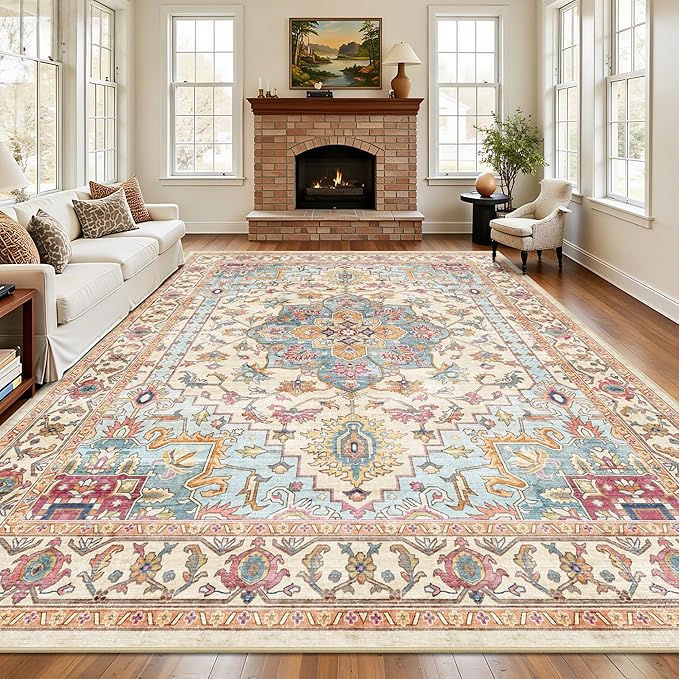 8x10 Area Rugs for Living Room - Washable Rug Vintage Distress Boho Medallion Rugs for Bedroom, Soft Non-Slip Backing Low Pile Carpet for Dining Room Office Nursery Home, Vintage Orange