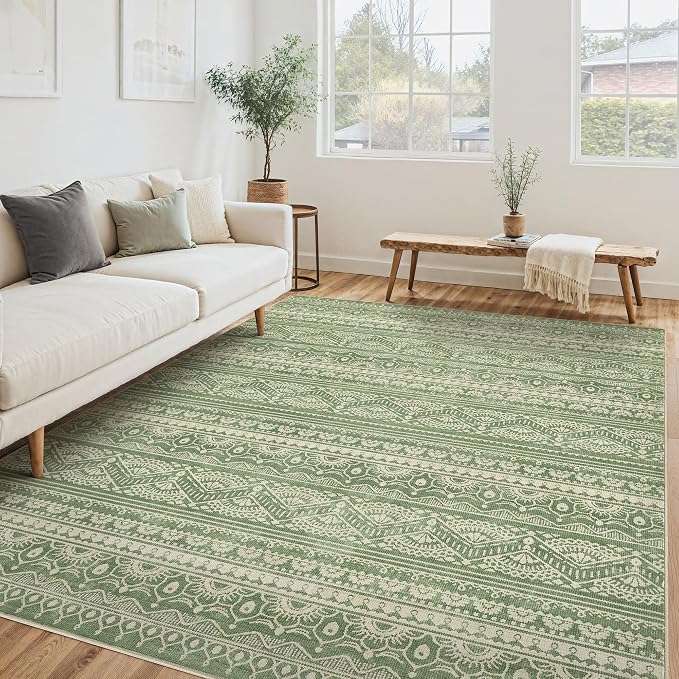 Tortania Area Rug Living Room Rugs - 5x8 Washable Large Soft Neutral Boho Moroccan Bohemian Farmhouse Rug Indoor Floor Carpet for Bedroom Under Dining Table Home Office Decor - Green