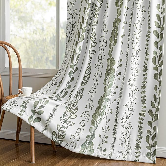 MEETSKY Sage Green Blackout Curtains 72 Inches Long 2 Panels Boho Curtains for Living Room Thermal Insulated Privacy Protection Rod Pocket Drapes for Bedroom, Leaf Print Window Treatment, 50" Wide