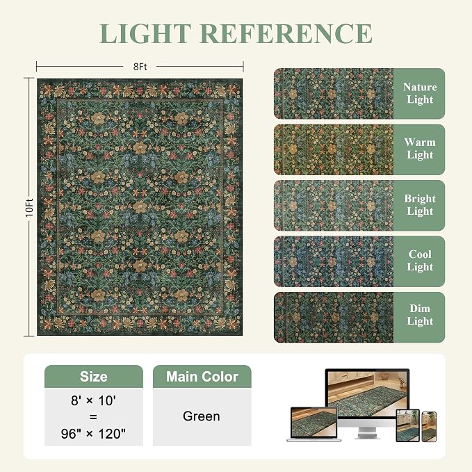 DUKINO 8x10 Area Rugs, Vintage Floral Washable Rug for Living Room, Green | Non Slip, Low Pile, Non-Shedding, Stain Resistant, Aesthetic Soft Indoor Large Carpet for Bedroom, Dining Room, Farmhouse