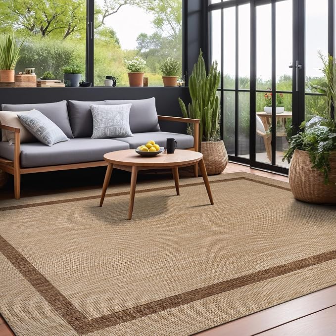 Luul Home Bordered Outdoor Rug 8x10 Washable Outside Carpet for Indoor Patio Porch Waterproof Easy Cleaning Non Shedding Area Rugs Jute Beige - Nut Brown 8 x 10