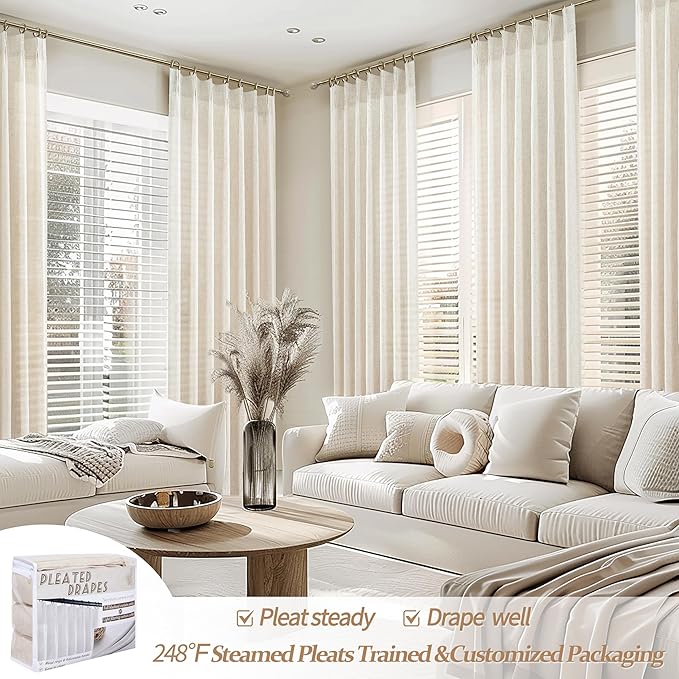 Extra Long 144 Inch Pinch Pleated Light Filtering Large Curtains for Living Room, Birch Memory Trained Natural Linen Sheer Floor to Ceiling Windows Drapes 2 Panel Set 11FT Length Decorative Curtain