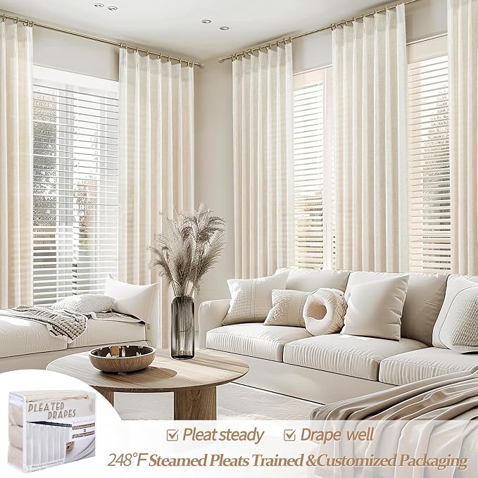 Pinch Pleated Linen Curtains 96 Inches Long for Living Room Bedroom, Light Filtering Boho Window Drape 96 inch 2 Panels Burgs with Hooks&Rings 8ft Cream Birch Sliding Glass Door Sheer Curtain Decor
