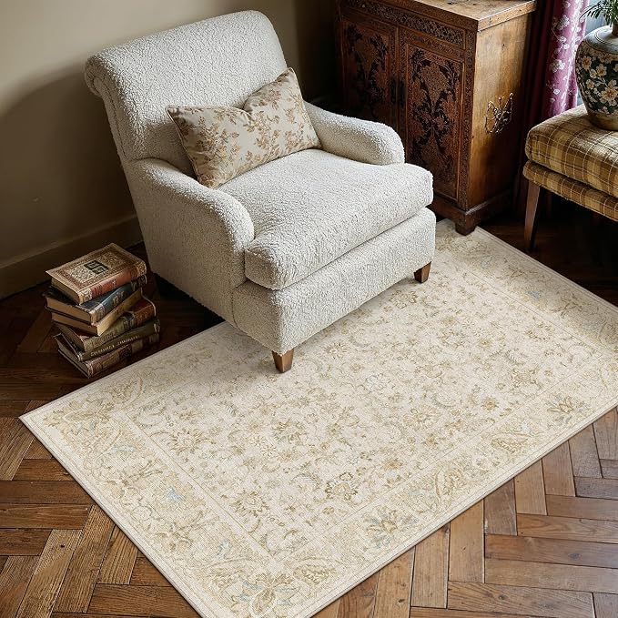 3x5 Beige Washable Area Rug Non Slip Retro Distressed Carpet | Soft Low Pile, Lightweight Foldable, Pet Friendly, Living Room, Bedroom, Dining Room, Entryway, Office