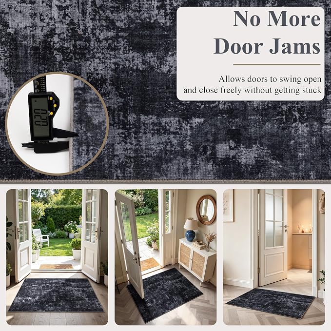 Sasttie 2x8 Soft Runner Rug for Entryway, Modern Abstract Washable Carpet for Hallway, Kitchen and Laundry Room, with Non-Slip Backing, Black and Grey
