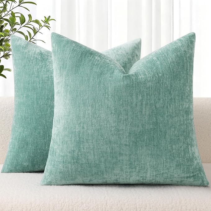 decorUhome Soft Chenille Aqua Haze Throw Pillow Covers 24X24 Set of 2 | Decorative Fall Couch Pillow Covers Solid Dyed Accent Modern Euro Sham Farmhouse Neutral Square Pillow Cases for Sofa