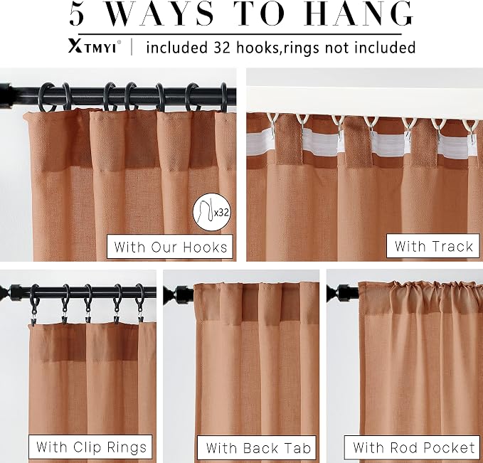 XTMYI Bohemian Rustic Curtains for Living Room Decor 2 Panel Set Linen Cotton Sheer Back Tab Hooks Pleated Fall Curtains for Bedroom Window,Pale Copper Rust Terracotta,96 Inch Long