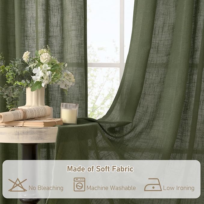 LAMIT Olive Green Linen Curtains for Living Room 84 inch Length 2 Panels, Light Filtering Semi Sheer Drapes Back Tab and Rod Pocket Christmas Panels for Bedroom/Sliding Glass Door, 52 x 84 Inch