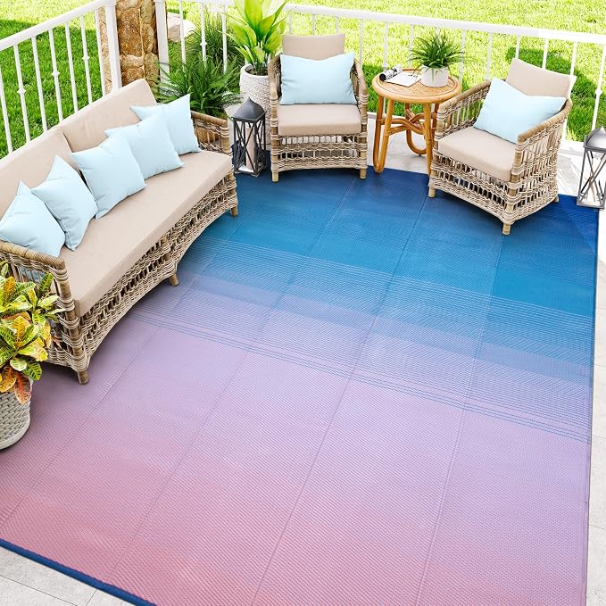 Lahome 9x12 Pink Outdoor Pool Picnic Rug, Pink Blue Beach Camping Rugs for Outside Your Rv, Waterproof Plastic Straw Stain Resistant Deck Carpets for Patio Porch Decor, Pink Blue 9'x12'