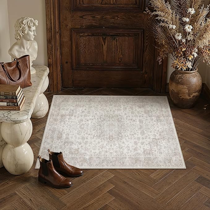 PureCozy 2x3 Washable Small Entryway Rug Neutral Beige Vintage Floral | Non Slip, Soft Low Pile, Door Mat for Bathroom, Indoor Entrance, Kitchen, Farmhouse Decor