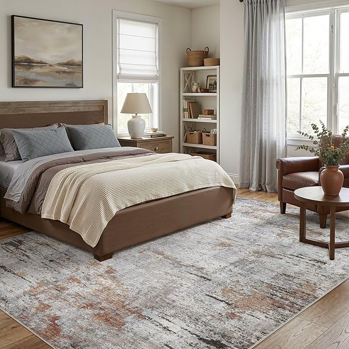 DMOYEST Area Rug Living Room Rugs - 8x10 Large Soft Indoor Neutral Modern Abstract Low Pile Washable Rug Carpet for Bedroom Dining Room Farmhouse Home Office - Grey Rust