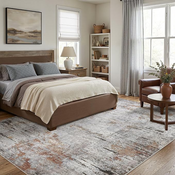 DMOYEST Area Rug Living Room Rugs - 10x12 Large Soft Indoor Neutral Modern Abstract Low Pile Washable Rug Carpet for Bedroom Dining Room Farmhouse Home Office - Grey Rust