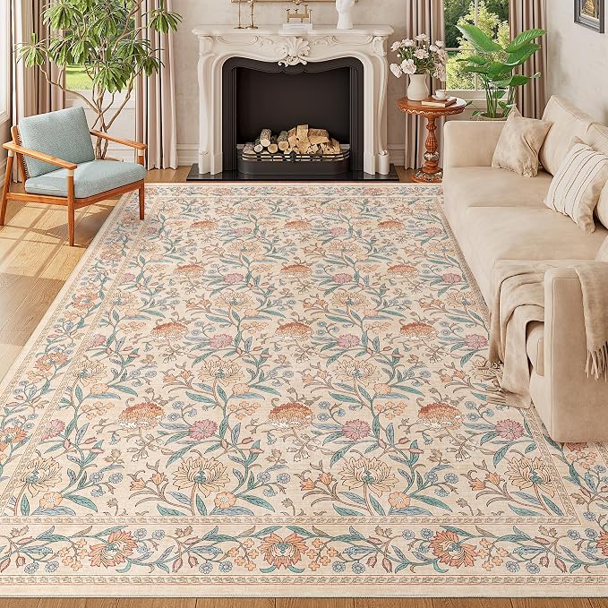 DUKINO 9x12 Area Rug for Living Room, Vintage Floral Washable Rug, Beige | Non Slip, Low Pile, Non-Shedding, Stain Resistant, Aesthetic Soft Indoor Large Carpet for Bedroom Dining Room Farmhouse