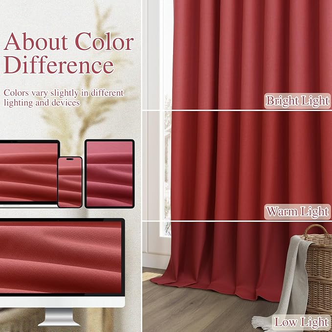 Guken Red 100% Blackout Linen Curtains 102 Inch Length 2 Panels Set for Living Room Bedroom Back Tab Thermal Insulated Black Out Drapes Room Darkening Farmhouse Window Curtains 102 Inches Long