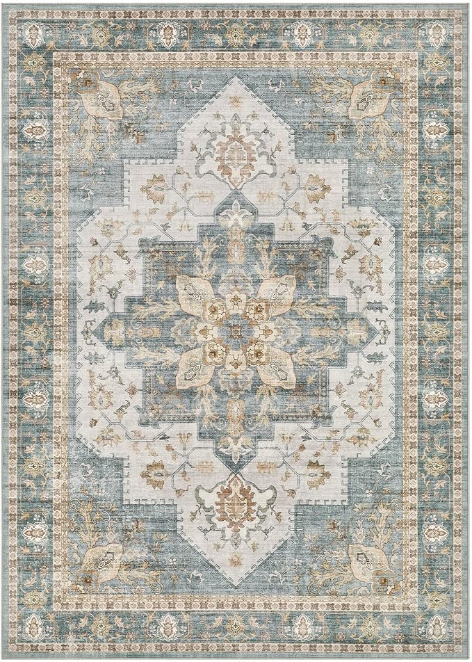 Tortania Area Rug Living Room Rugs - 5x7 Washable Boho Rug Vintage Oriental Distressed Farmhouse Large Thin Indoor Carpet for Living Room Bedroom Under Dining Table Home Office - Muted Teal