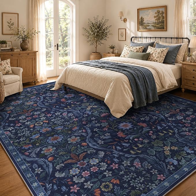 8x10 Washable Area Rug for Living Room, Large Blue Beige Floral Rugs, Soft Non-Slip Stain Resistant Boho Lightweight Carpet for Bedroom Dining Room Nursery Home Office