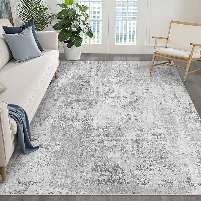6x8 Area Rug Living Room: Washable Large Neutral Rug Abstract Soft Modern Stain Resistant Indoor Floor Non-Slip Carpet for Bedroom Nursery Kids Office Playroom Dining Room Under Table- Light Gray