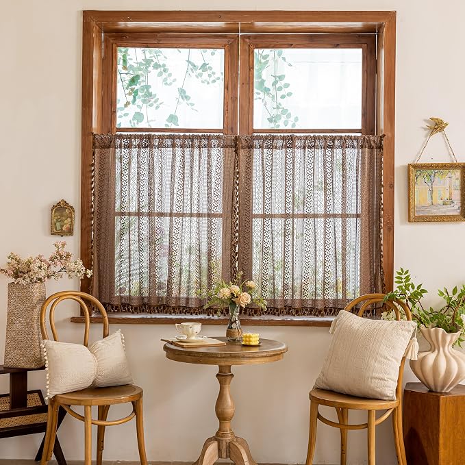 Sutuo Home Boho Valance Short Curtains 2 Panels for Kitchen Cafe, Lace Sheer Curtains Closet Crochet Privacy Farmhouse Vintage Chic Tassels Caramel Macrame Decor Rod Pocket,50" W x 36" L Dark Coffee
