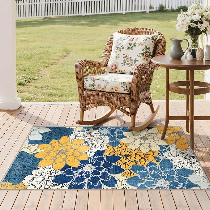 GENIMO 3x5 Outdoor Rug, Washable for Porch and Balcony, Blue | Floral design for entryway; fade resistant chenille with quick-dry non-slip backing for indoor mudroom