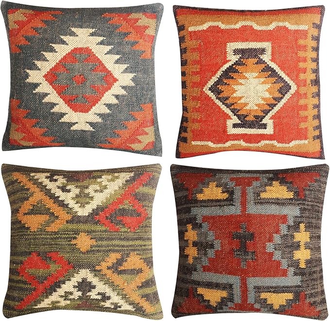 Set of 4 Wool Jute Vintage Kilim Cushion Covers,Home Decor Pillowcases Handwoven Turkish Pillow Decorative Throw Pillow Covers (Multicolor-5)