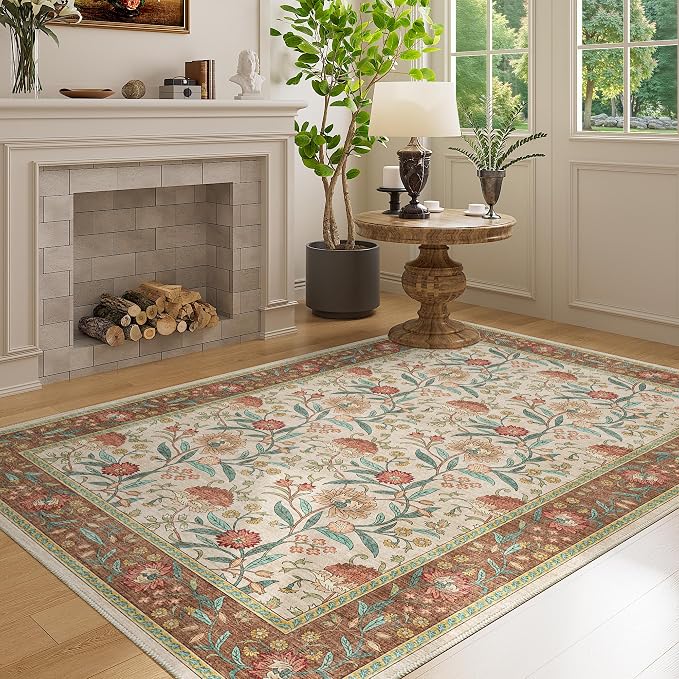 DUKINO 4x6 Area Rug, Washable Vintage Floral Rug for Living Room, Brown | Non Slip, Low Pile, Stain Resistant Boho Lightweight Soft Indoor Carpet for Bedroom Office Dining Room Entryway Farmhouse