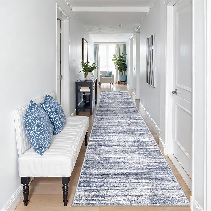2x12 Runner Rug Non Slip,Washable Hallway Runner Rug,Blue | Long Neutral Rugs for Kitchen,Entryway,Bedroom,Bathroom,Laundry Room,Thin,Soft Runner Rug,Stain Resistant Indoor Carpet