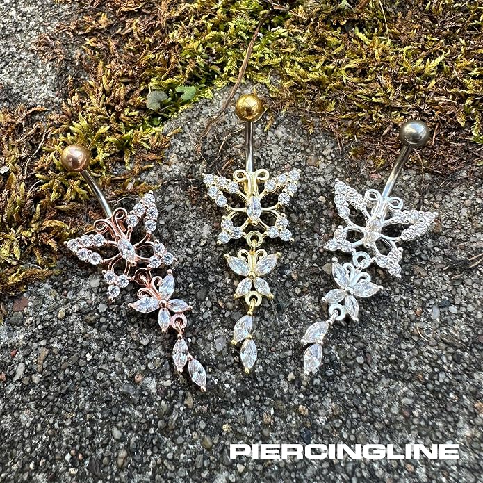 PIERCINGLINE 14 g belly button ring titanium with 925 Silver Butterfly Design - Titanium belly button rings in gold, silver & rosegold